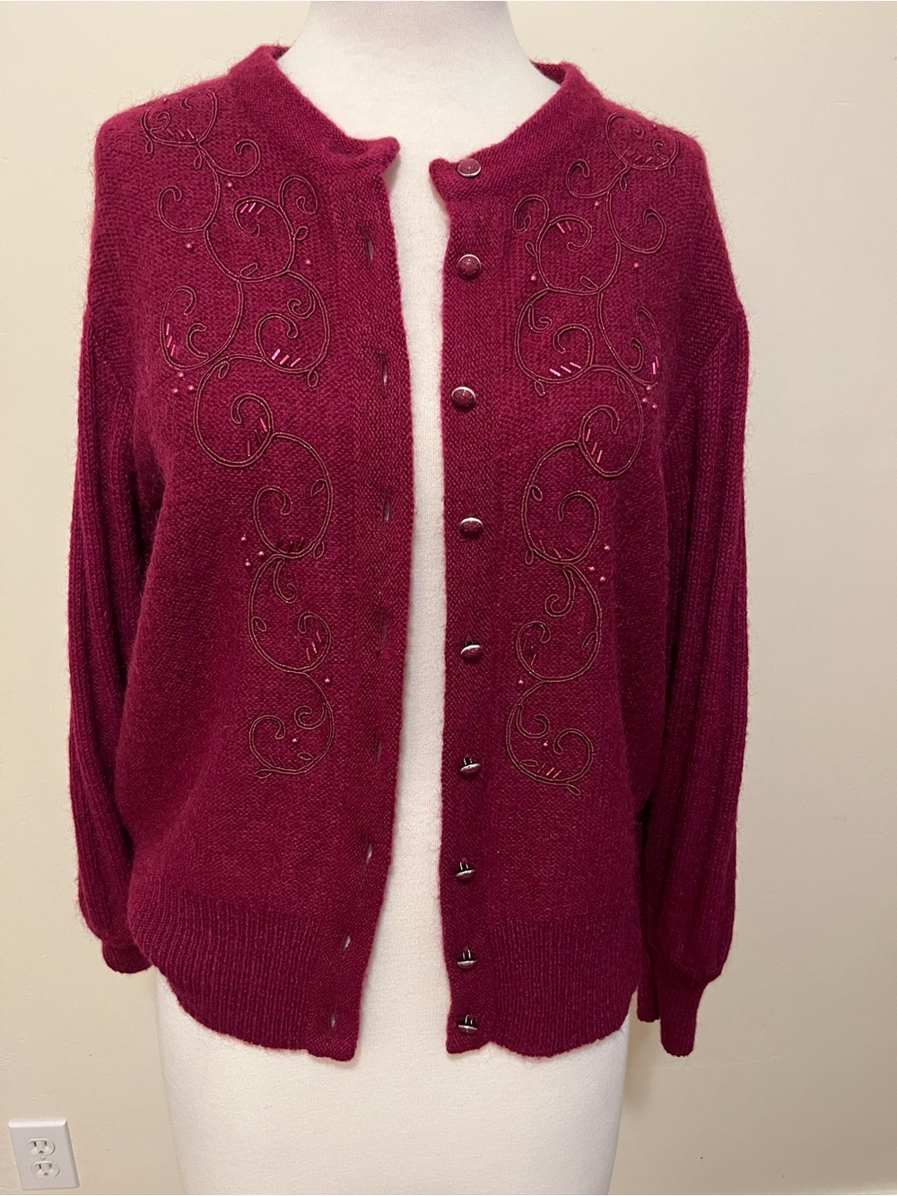 Geiger of Austria Women's Embellished Cranberry Button-Front Wool Blend Cardigan